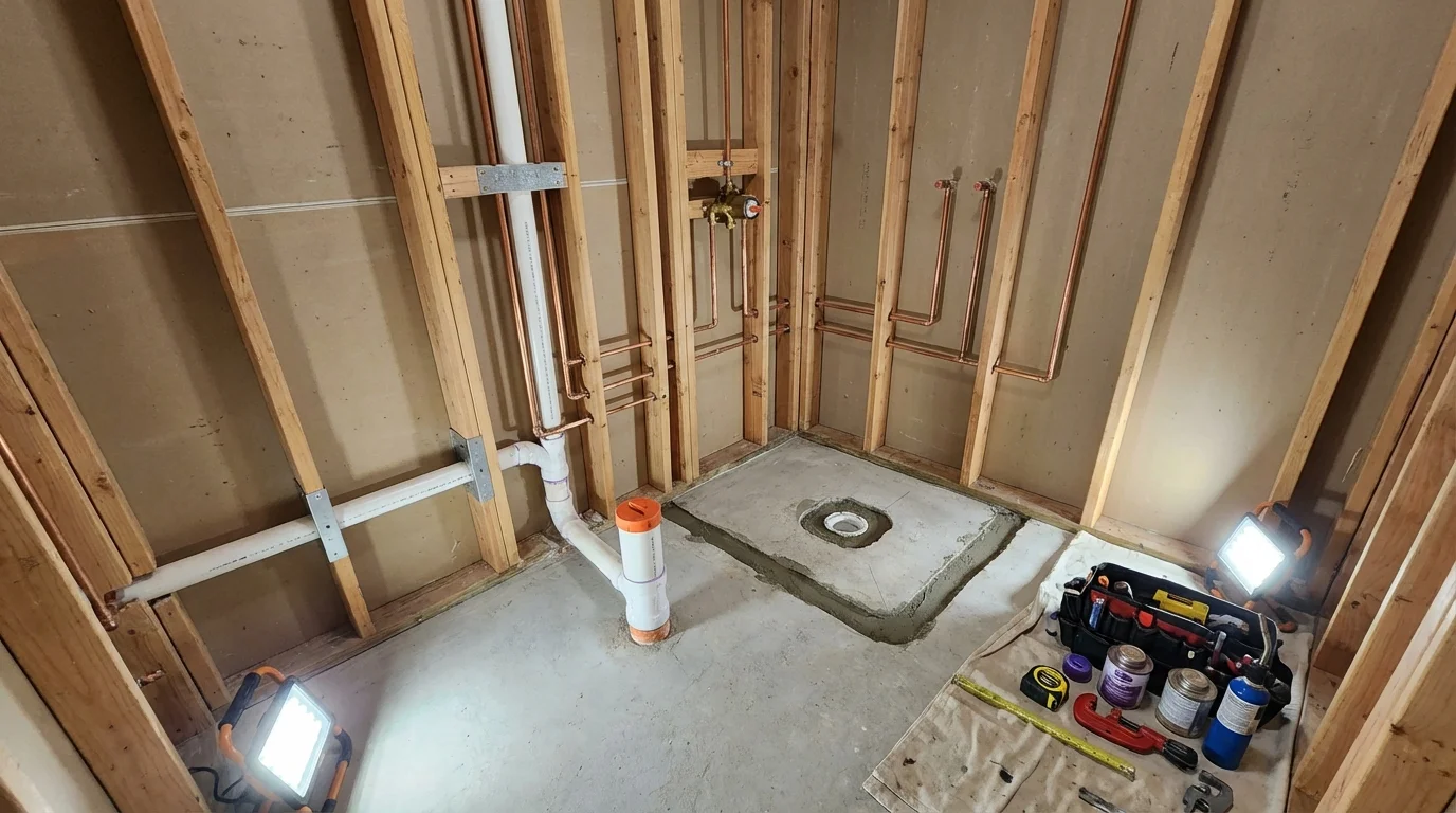 Bathroom rough-in plumbing during remodel by Johns Plumbing LLC in El Sobrante