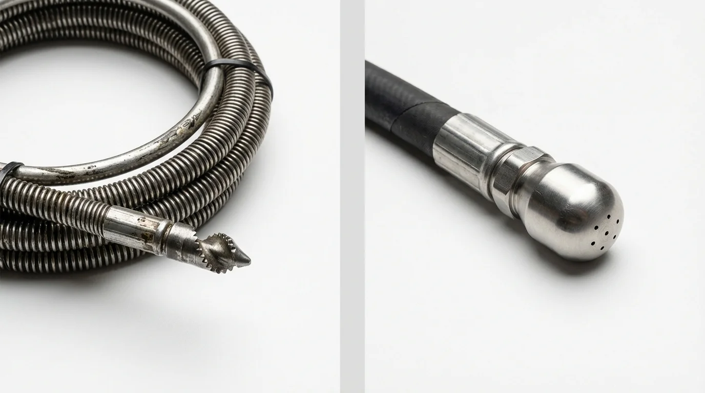 Drain snake cable and hydro jetting nozzle used for drain cleaning in El Sobrante, CA