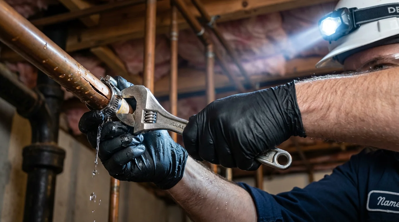 Emergency pipe clamp repair being performed by a Johns Plumbing LLC plumber in El Sobrante