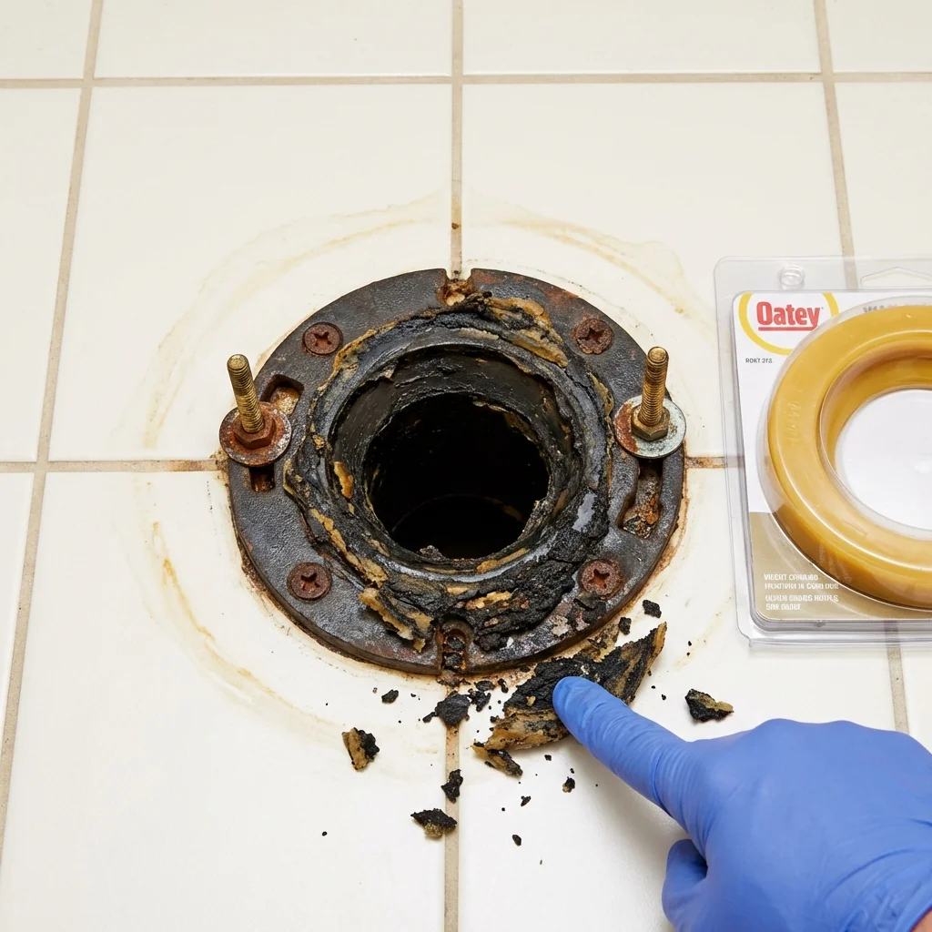 Failed wax ring showing water seepage at the base of a toilet in a El Sobrante, CA home