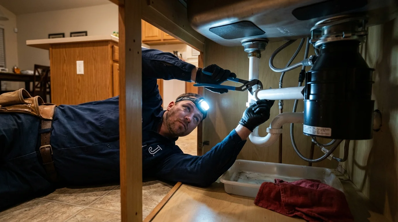 P-trap and supply line connections under a kitchen sink showing a common leak point in El Sobrante, CA